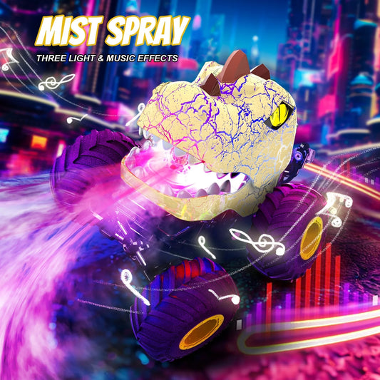 Dinosaur Remote Control Cars,Monster Trucks RC Car for Kids,360° Rotating RC Stunt Car for Boys with Spray, Light & Sound