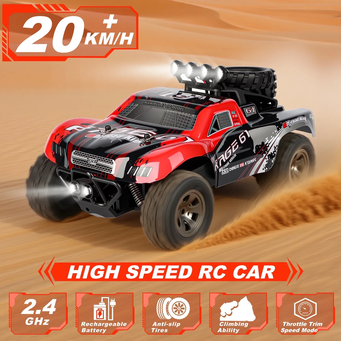 VKFVKF Remote Control Car, RC Car for Kids, RC Monster Truck with Lights & Headlights,All Terrain Off Road Vehicle, Gift for Boys/Girls Age 4+