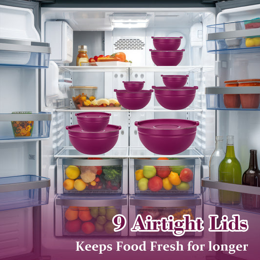 Laoyebaoho Mixing Bowls with Lids, 9 Pcs Stainless Steel Nesting Mixing Bowls for Kitchen,Great for Cooking, Purple