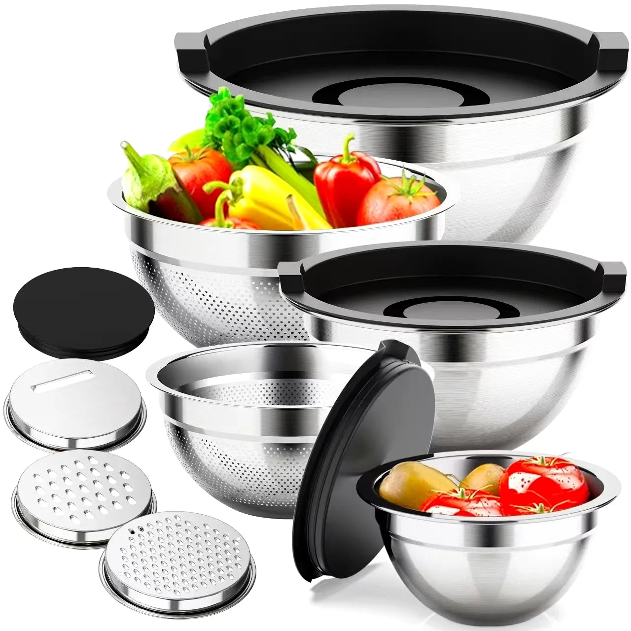 Laoyebaoho Mixing Bowls with Lids, 5 Pcs Stainless Steel Bowls Set with Graters,Salads Mixing Bowl Set with Strainer for Kitchen, Baking, Serving