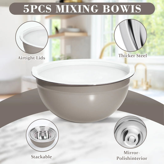 Laoyebaoho Mixing Bowls with Lids Set of 5,Stainless Steel Mixing Bowls Setfor Kitchen,Brown