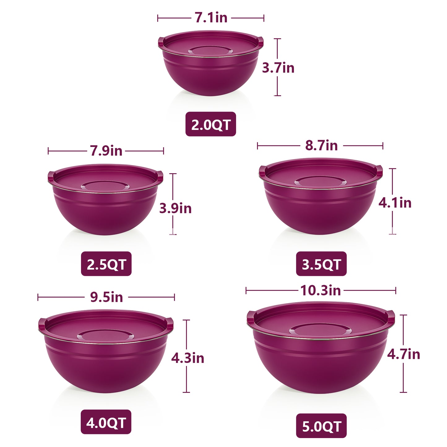 Laoyebaoho Mixing Bowls with Lids, 5 Pcs Stainless Steel Nesting Mixing Bowls for Kitchen,Great for Cooking, Purple