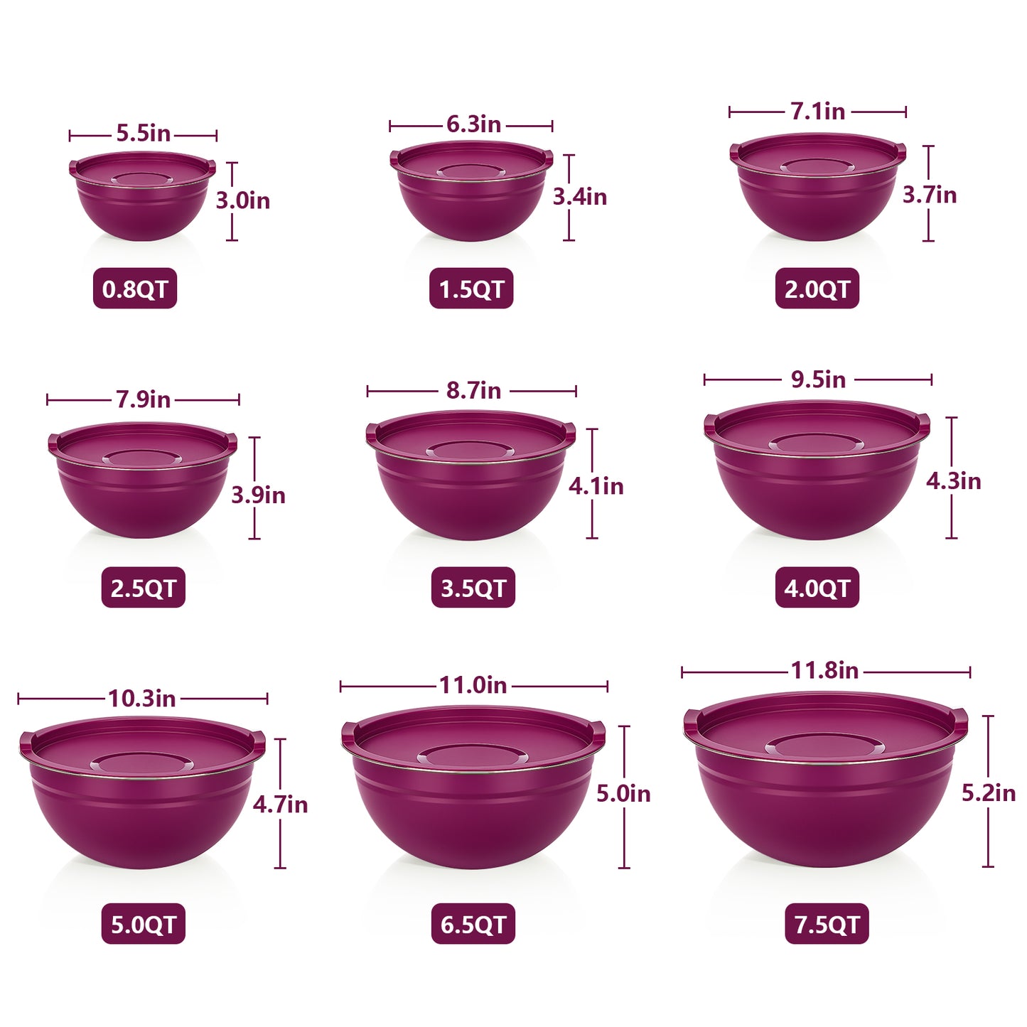 Laoyebaoho Mixing Bowls with Lids, 9 Pcs Stainless Steel Nesting Mixing Bowls for Kitchen,Great for Cooking, Purple