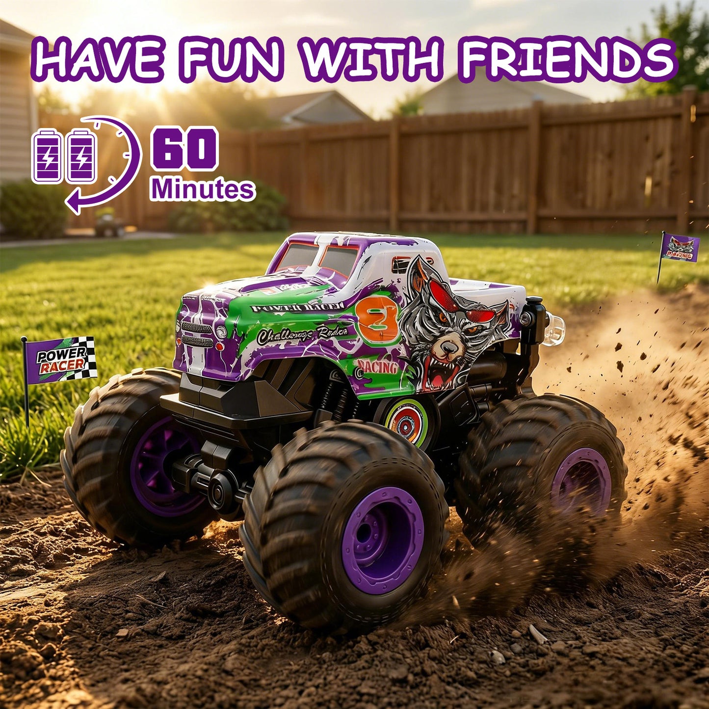 VKFVKF Remote Control Monster Trucks, 4WD Off-Road Car Gifts for Boys/Girls with with Spray, Light & Sound