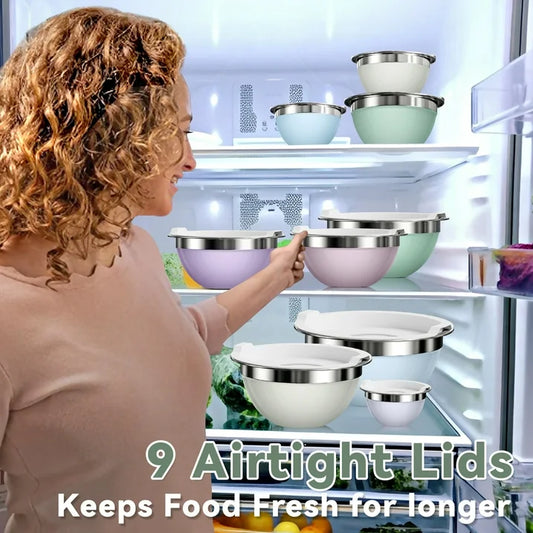 Laoyebaoho Stainless Steel Mixing Bowls with Lids, 9 Pcs Metal Nesting Mixing Bowls for Kitchen,Great for Cooking, Baking, Serving