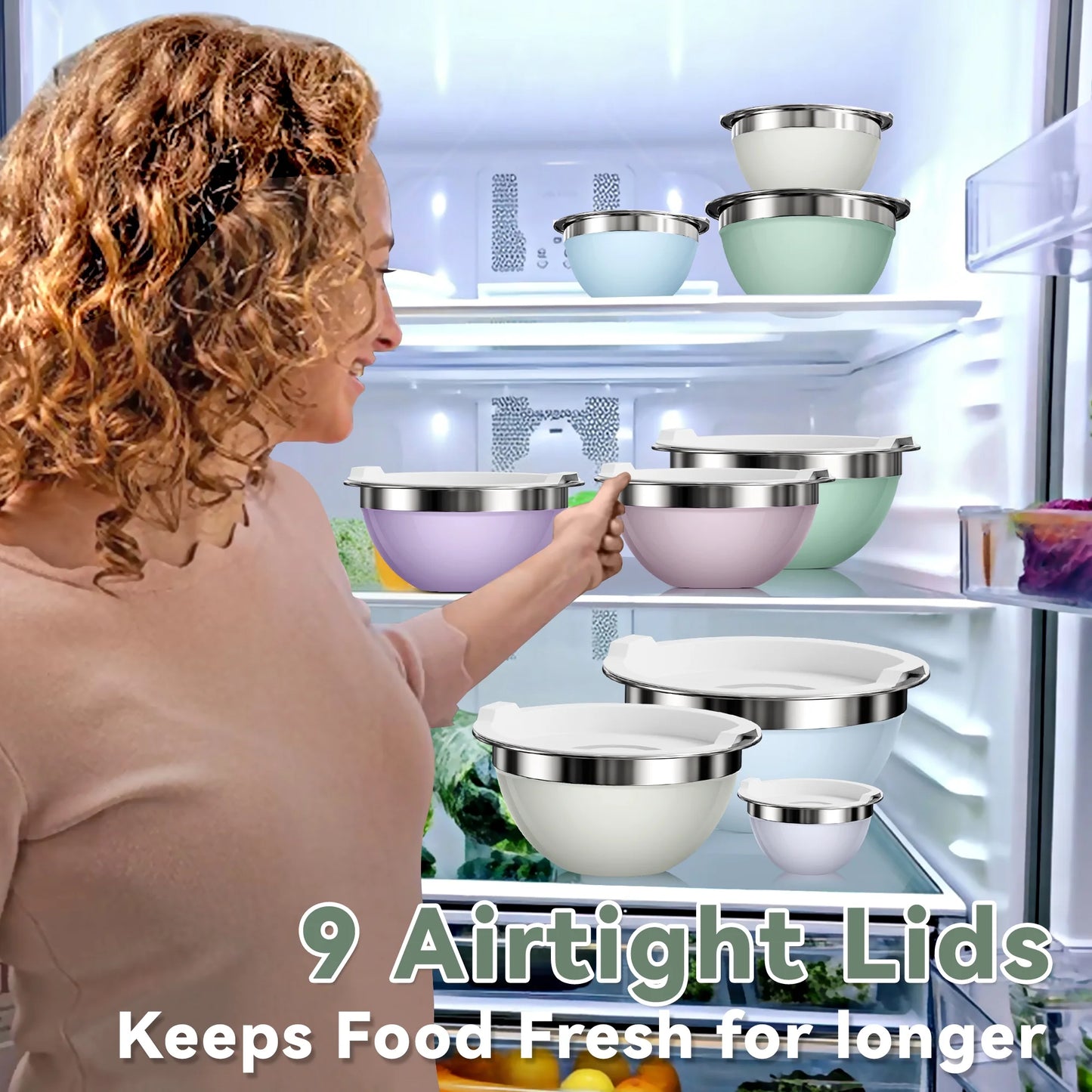 Laoyebaoho Stainless Steel Mixing Bowls with Lids, 9 Pcs Metal Nesting Mixing Bowls for Kitchen,Great for Cooking, Baking, Serving