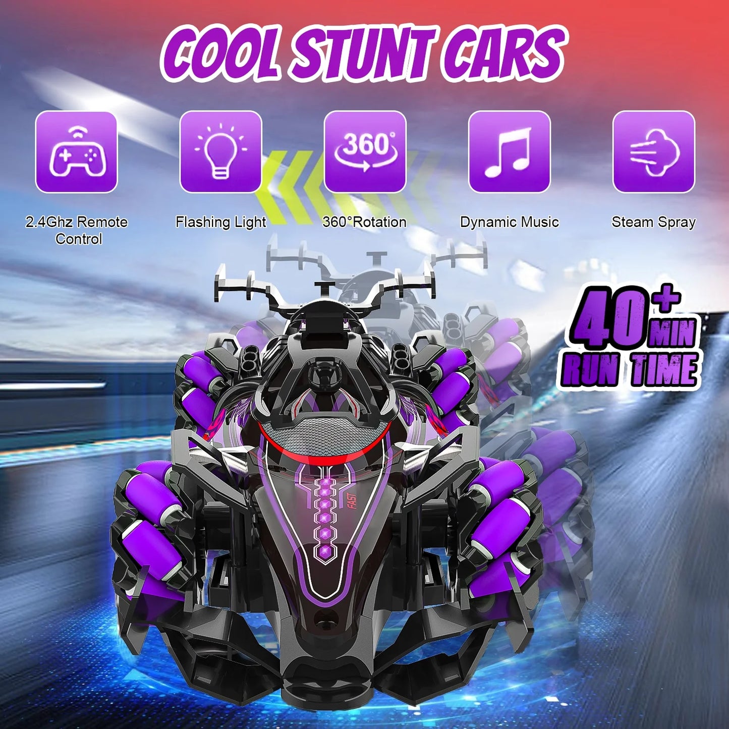 F1 Remote Control Car for Kids, 4WD 360° Rotation Drift RC Stunt Car with Light & Music & Spray , One-Click Demo