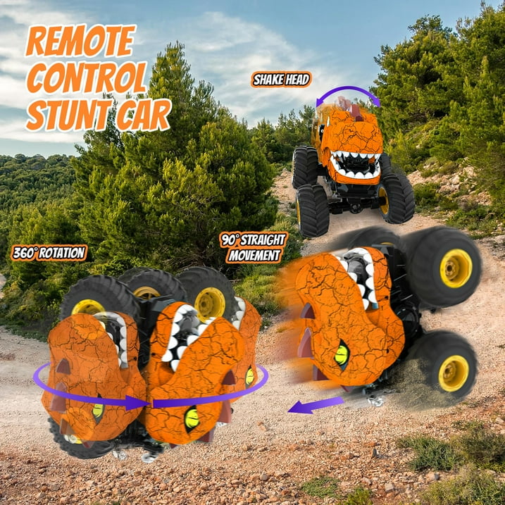 Dinosaur Toys,Remote Control Monster Trucks, 4WD Off-Road Car Gifts for Boys/Girls with with Spray, Light & Sound