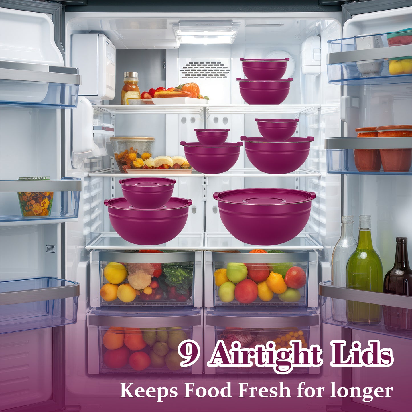 Laoyebaoho Mixing Bowls with Lids, 9 Pcs Stainless Steel Nesting Mixing Bowls for Kitchen,Great for Cooking, Purple