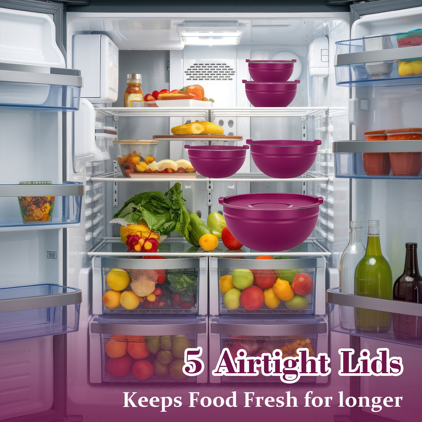 Laoyebaoho Mixing Bowls with Lids, 5 Pcs Stainless Steel Nesting Mixing Bowls for Kitchen,Great for Cooking, Purple