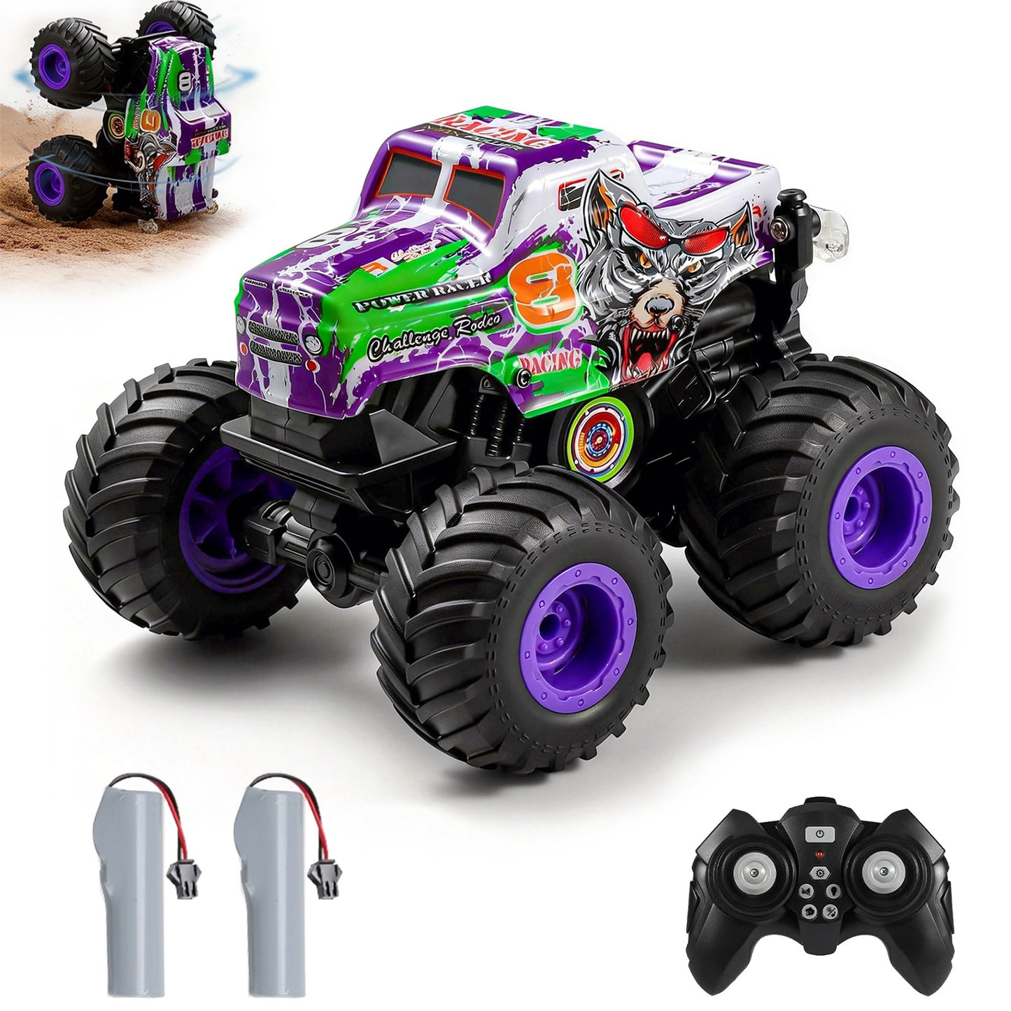 VKFVKF Remote Control Monster Trucks, 4WD Off-Road Car Gifts for Boys/Girls with with Spray, Light & Sound