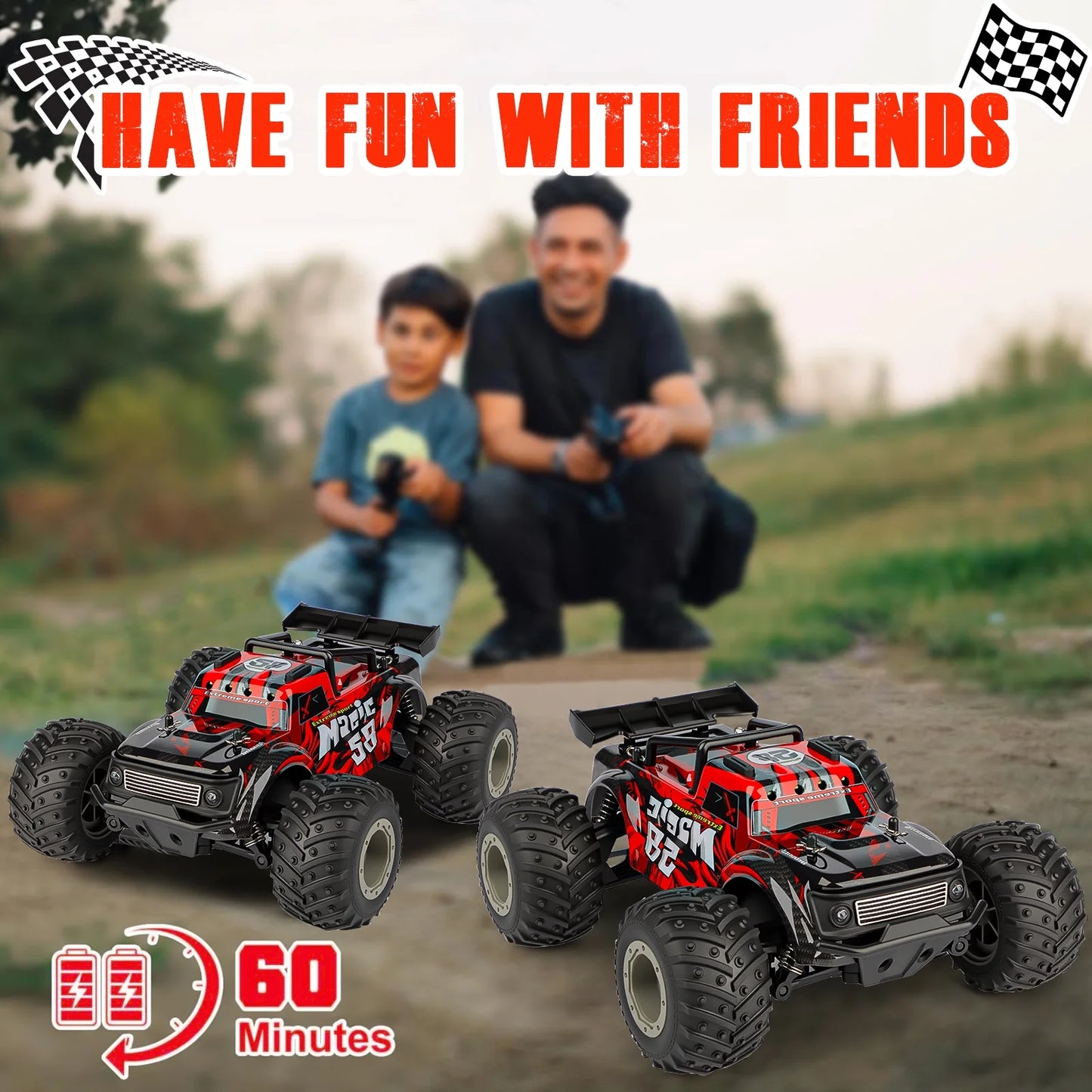 VKFVKF Remote Control Car, 2.4Ghz Glow-up RC Monster Truck with Body Lights & Headlights, 2 Rechargeable Batteries for 100 Min Play, 20 KM/H All Terrain Off-Road Toys for Boys Kids Age 4-12