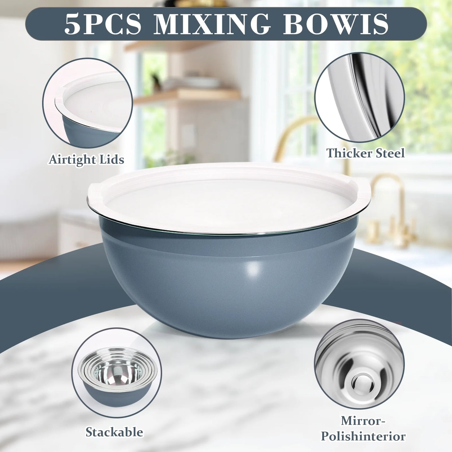 Laoyebaoho Stainless Steel Mixing Bowls with Lids, 5 Pcs Mixing Bowls for Kitchen,Blue