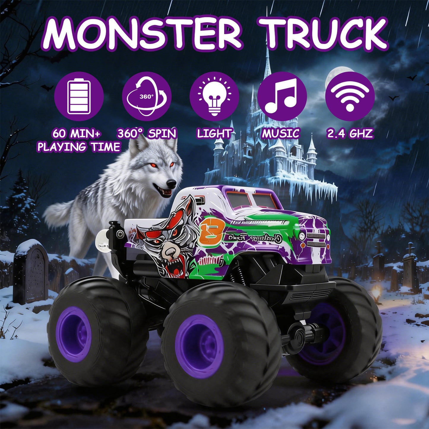 VKFVKF Remote Control Monster Trucks, 4WD Off-Road Car Gifts for Boys/Girls with with Spray, Light & Sound