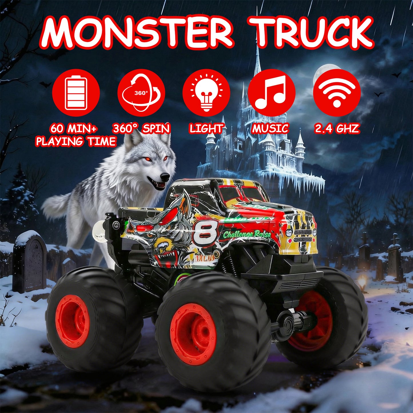 VKFVKF Rc Monster Trucks,Remote Control Car with Spray, Light & Sound,360° Rotating RC Stunt Car for Boys