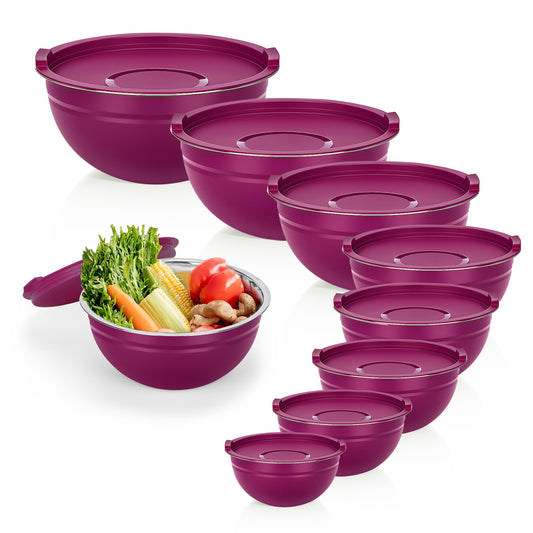 Laoyebaoho Mixing Bowls with Lids, 9 Pcs Stainless Steel Nesting Mixing Bowls for Kitchen,Great for Cooking, Purple