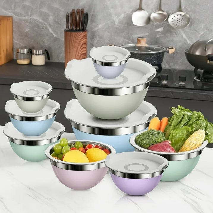 Laoyebaoho Stainless Steel Mixing Bowls with Lids, 9 Pcs Metal Nesting Mixing Bowls for Kitchen,Great for Cooking, Baking, Serving