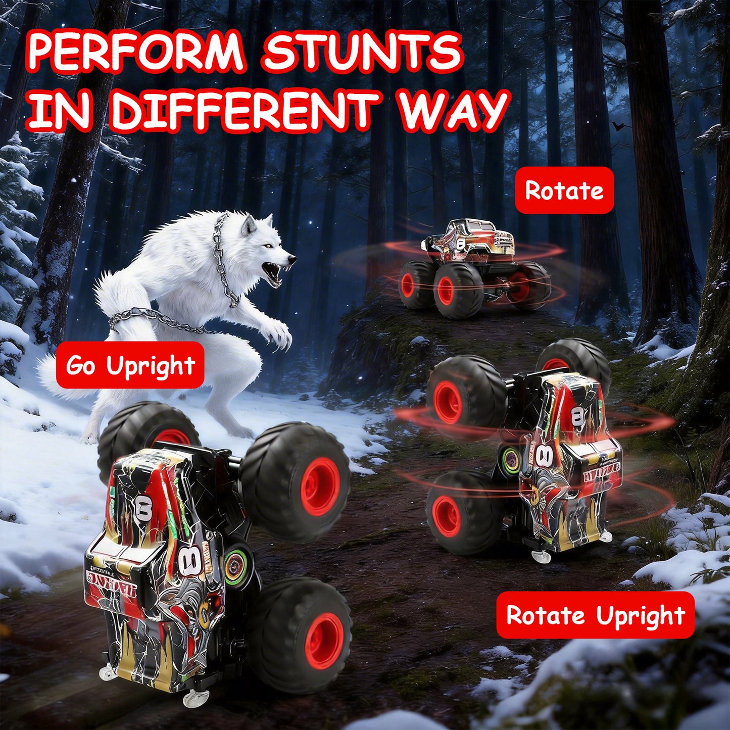 VKFVKF Rc Monster Trucks,Remote Control Car with Spray, Light & Sound,360° Rotating RC Stunt Car for Boys
