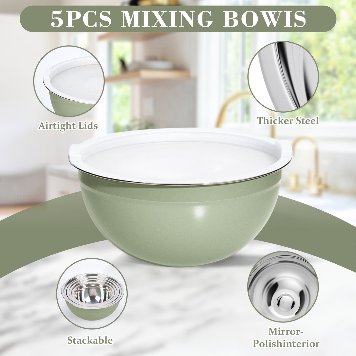 Laoyebaoho Mixing Bowls with Lids, 5 Pcs Stainless Steel Bowls for Kitchen,Great for Cooking, Baking, Serving,Green