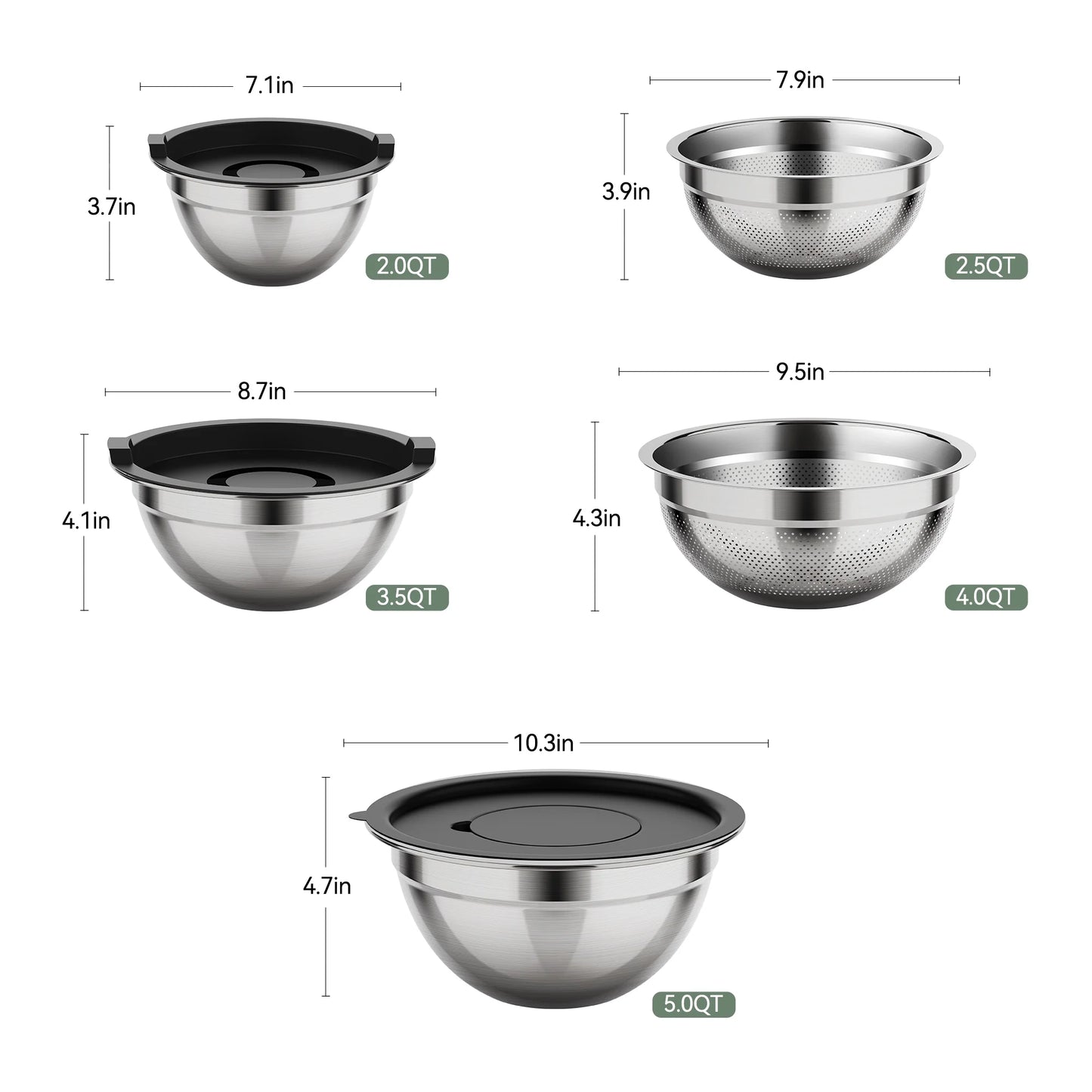 Laoyebaoho Mixing Bowls with Lids, 5 Pcs Stainless Steel Bowls Set with Graters,Salads Mixing Bowl Set with Strainer for Kitchen, Baking, Serving