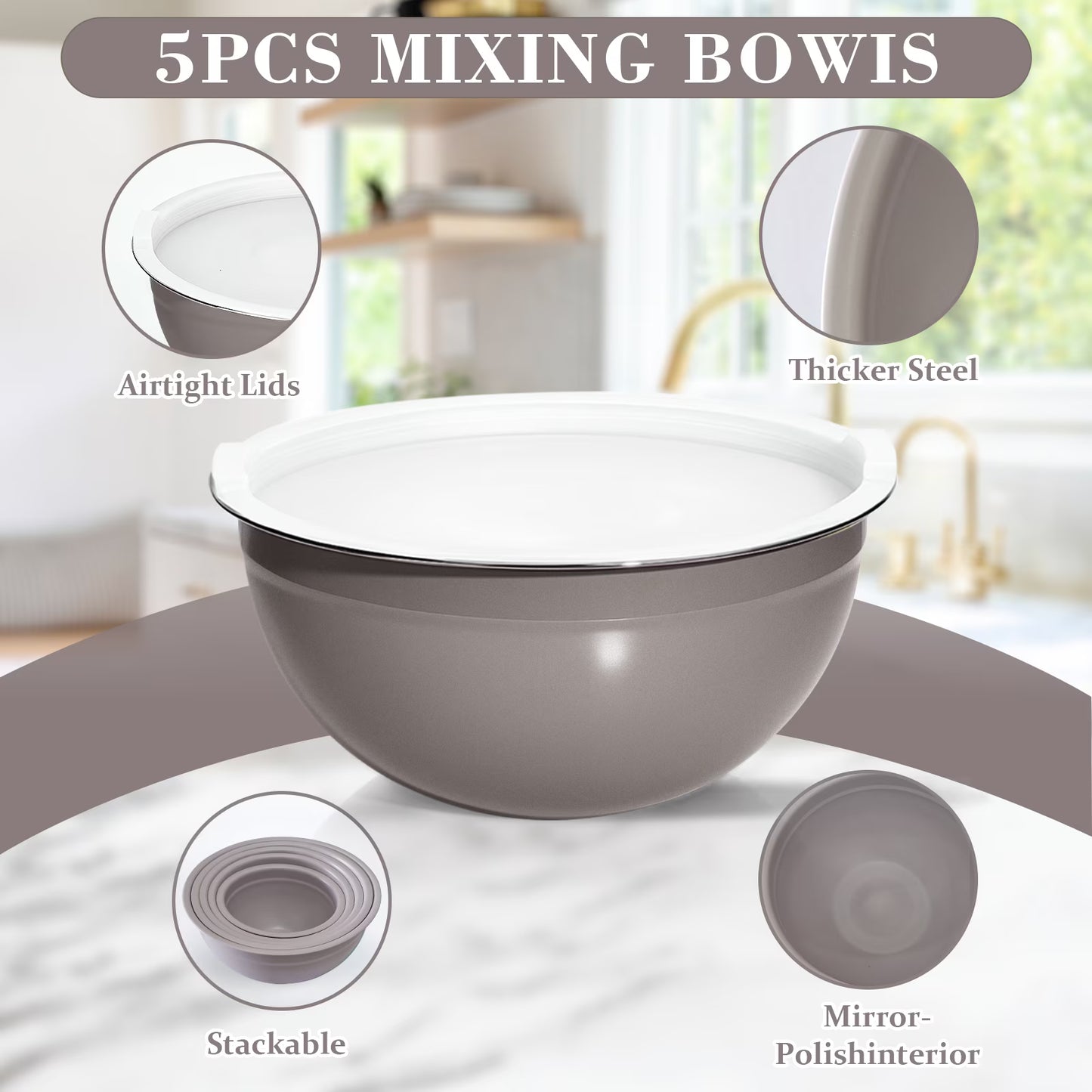 Laoyebaoho Stainless Steel Mixing Bowls Set, Mixing Bowls with Lids, Metal Nesting Storage Bowls for Kitchen