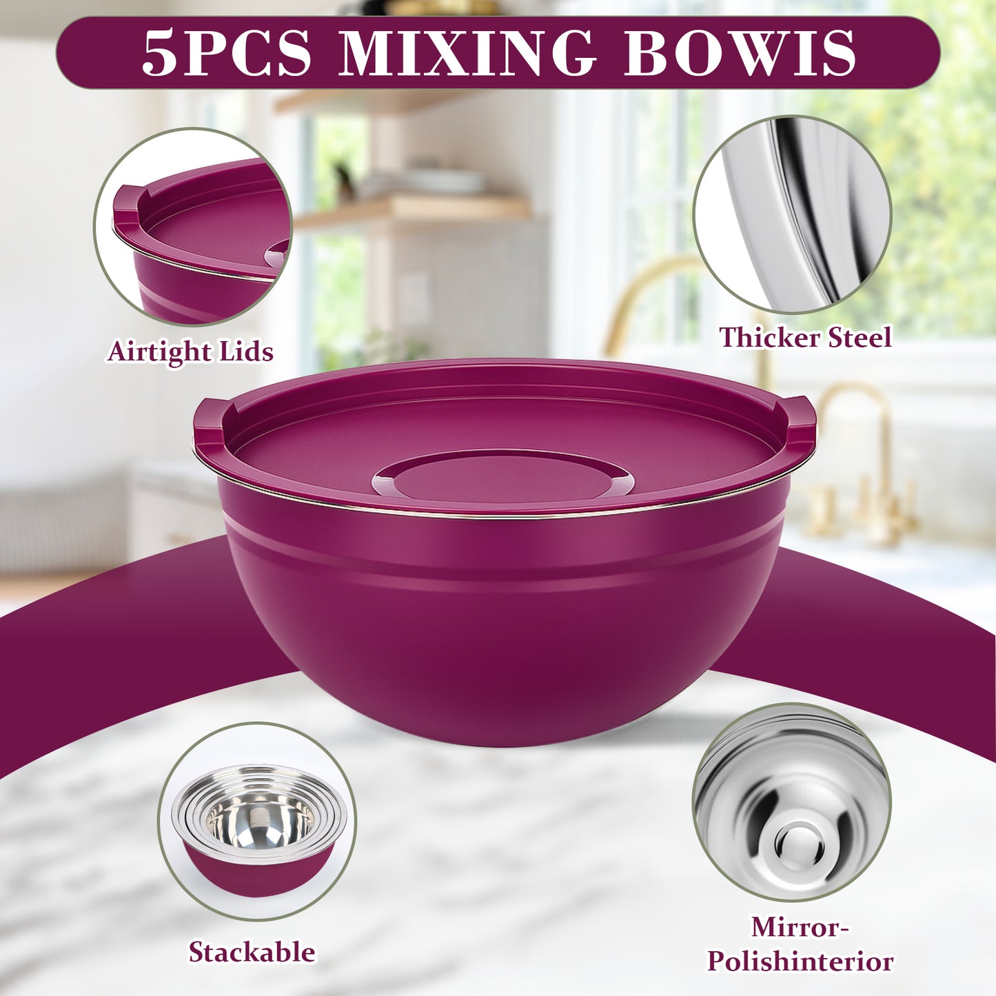 Laoyebaoho Mixing Bowls with Lids, 5 Pcs Stainless Steel Nesting Mixing Bowls for Kitchen,Great for Cooking, Purple