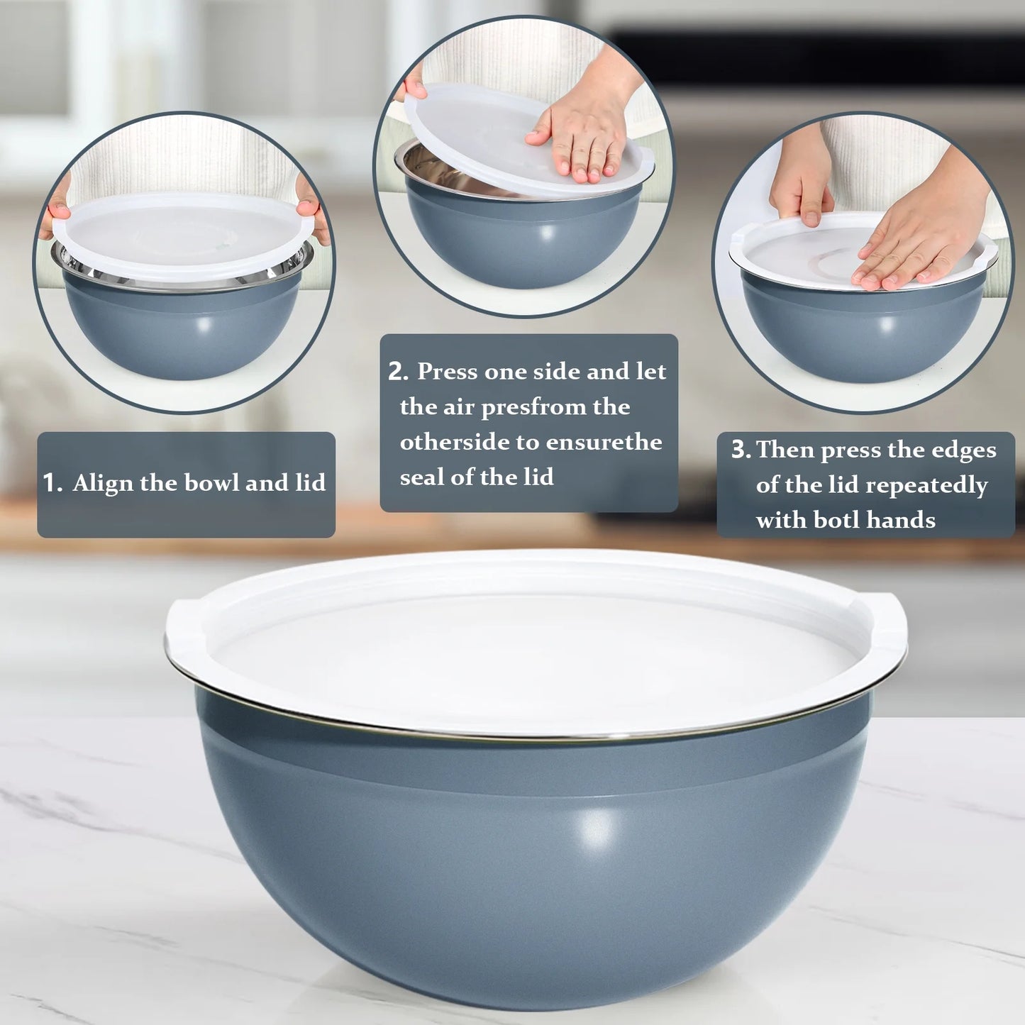 Laoyebaoho Stainless Steel Mixing Bowls with Lids, 5 Pcs Mixing Bowls for Kitchen,Blue