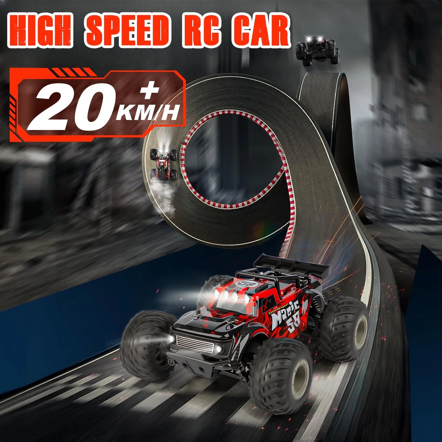 VKFVKF Remote Control Car, 2.4Ghz Glow-up RC Monster Truck with Body Lights & Headlights, 2 Rechargeable Batteries for 100 Min Play, 20 KM/H All Terrain Off-Road Toys for Boys Kids Age 4-12