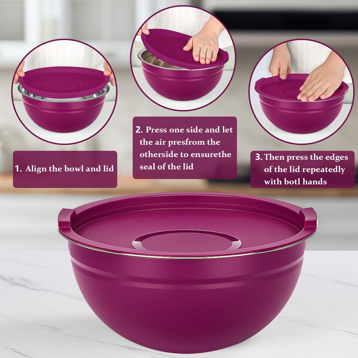 Laoyebaoho Mixing Bowls with Lids, 9 Pcs Stainless Steel Nesting Mixing Bowls for Kitchen,Great for Cooking, Purple