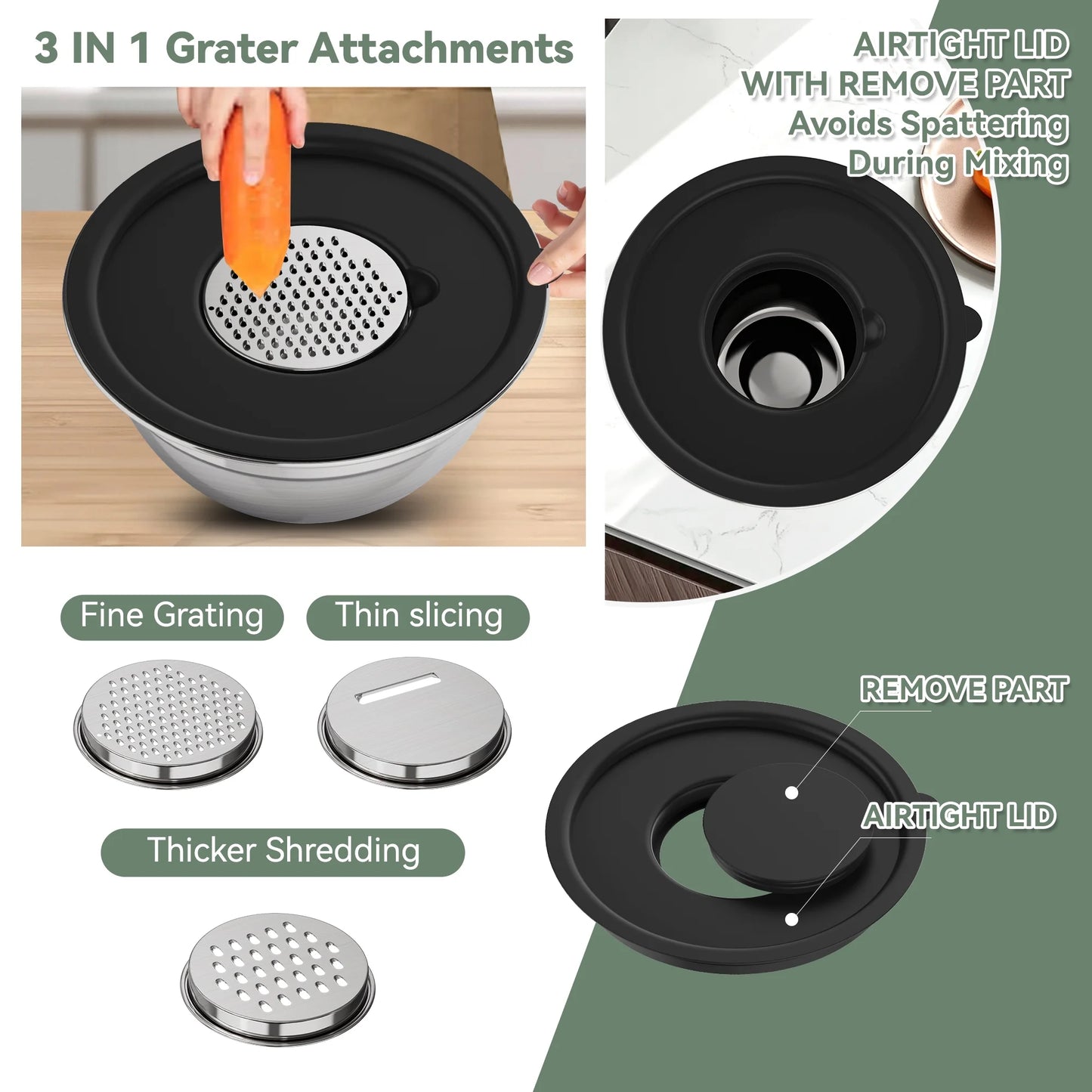 Laoyebaoho Mixing Bowls with Lids, 5 Pcs Stainless Steel Bowls Set with Graters,Salads Mixing Bowl Set with Strainer for Kitchen, Baking, Serving