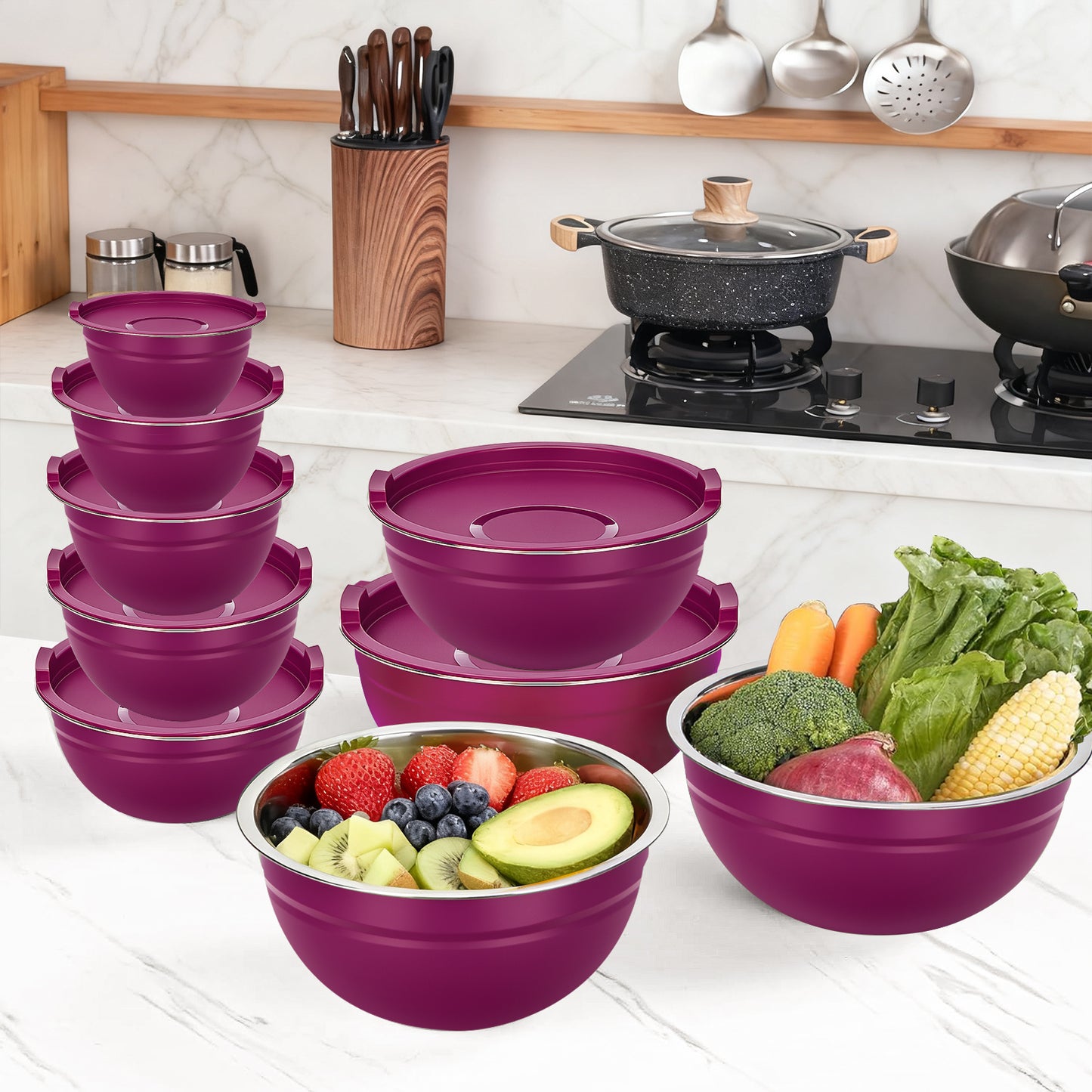 Laoyebaoho Mixing Bowls with Lids, 9 Pcs Stainless Steel Nesting Mixing Bowls for Kitchen,Great for Cooking, Purple