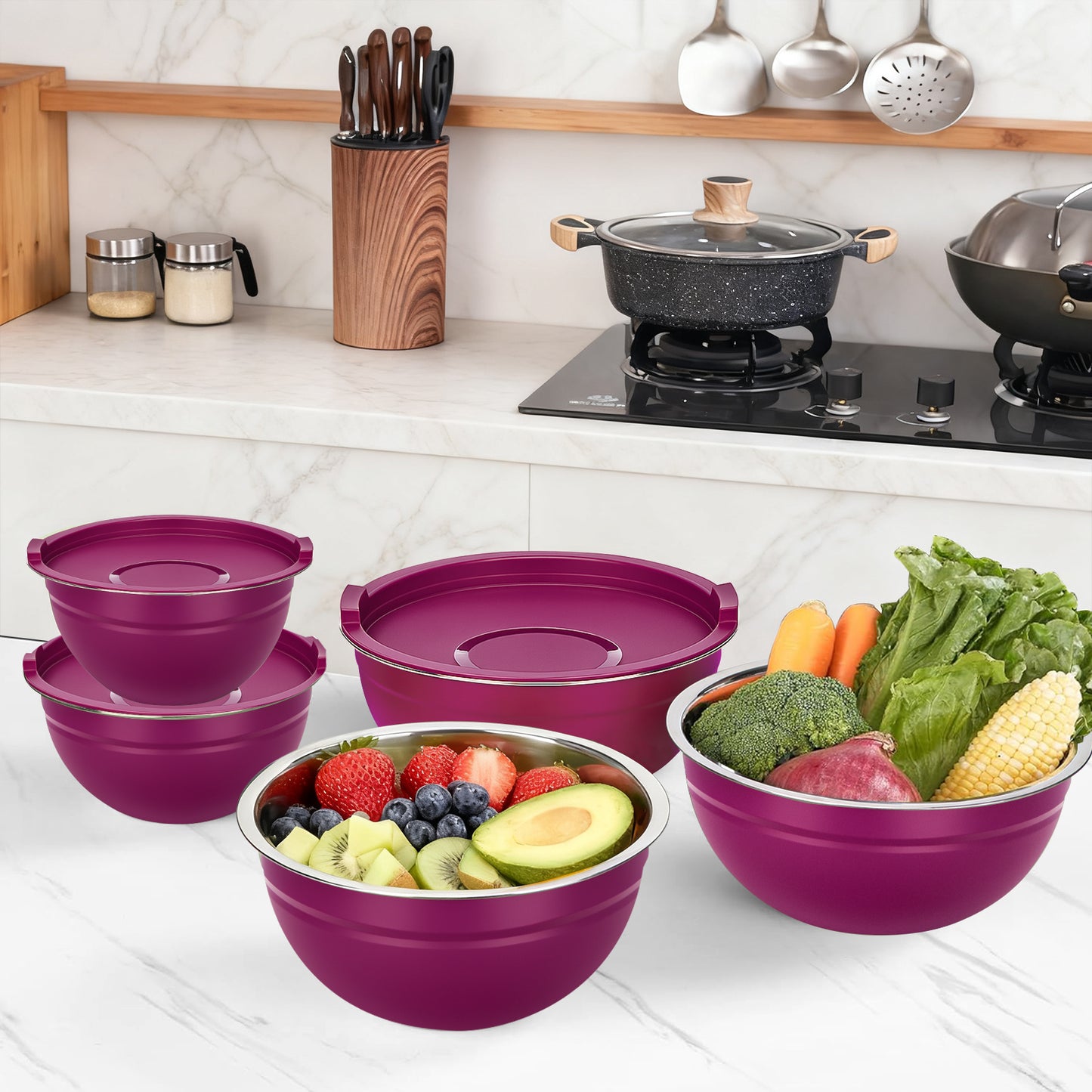 Laoyebaoho Mixing Bowls with Lids, 5 Pcs Stainless Steel Nesting Mixing Bowls for Kitchen,Great for Cooking, Purple