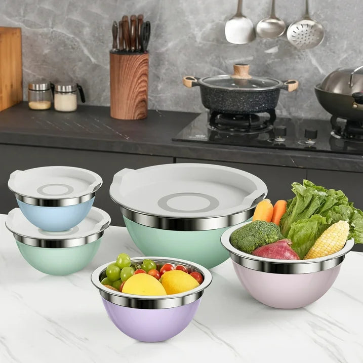 Laoyebaoho Stainless Steel Mixing Bowls Set of 5, Mixing Bowls with Lids,Morandi Color Bowls for Kitchen,Great for Cooking, Baking, Serving