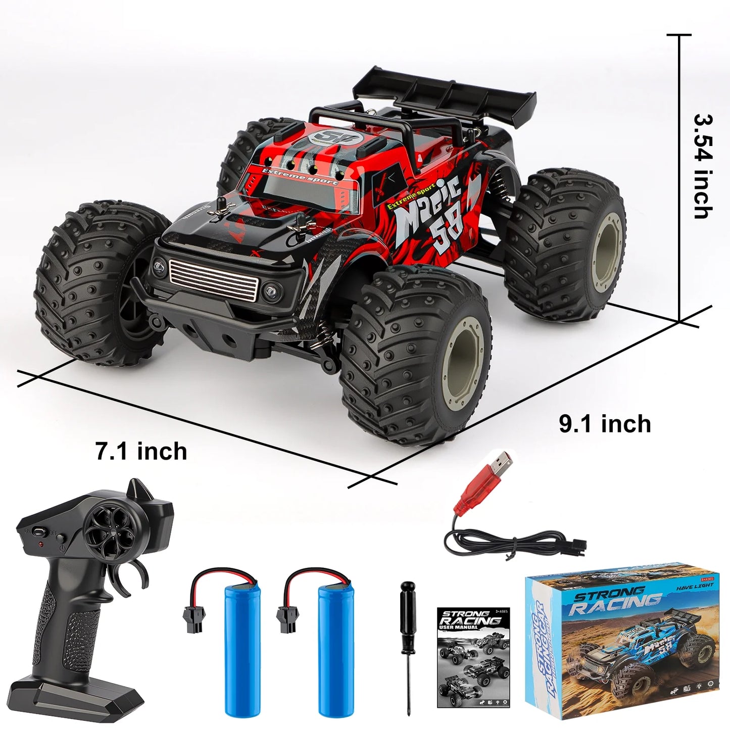 VKFVKF Remote Control Car, 2.4Ghz Glow-up RC Monster Truck with Body Lights & Headlights, 2 Rechargeable Batteries for 100 Min Play, 20 KM/H All Terrain Off-Road Toys for Boys Kids Age 4-12