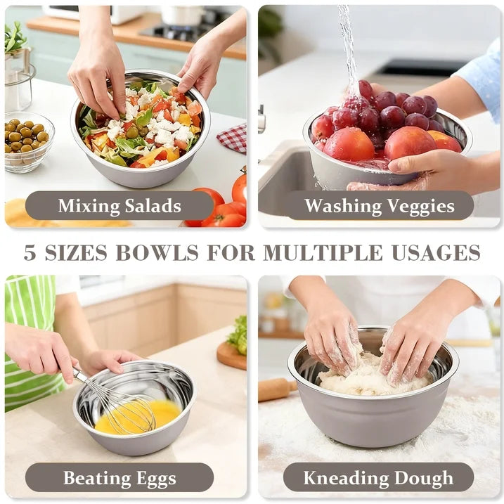 Laoyebaoho Mixing Bowls with Lids Set of 5,Stainless Steel Mixing Bowls Setfor Kitchen,Brown