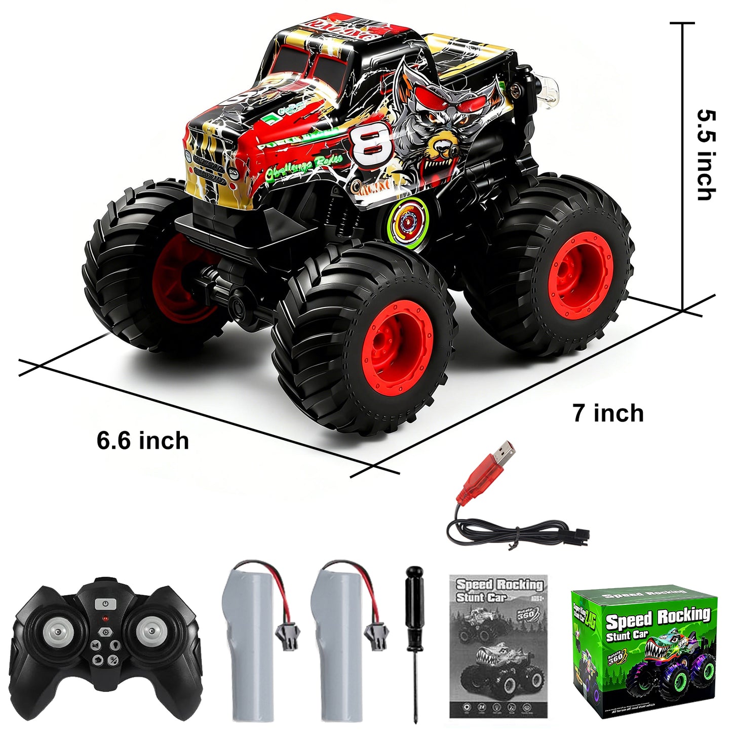 VKFVKF Rc Monster Trucks,Remote Control Car with Spray, Light & Sound,360° Rotating RC Stunt Car for Boys
