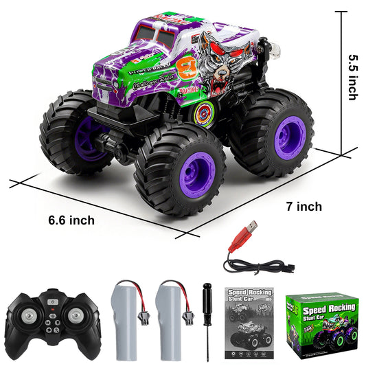 VKFVKF Remote Control Monster Trucks, 4WD Off-Road Car Gifts for Boys/Girls with with Spray, Light & Sound