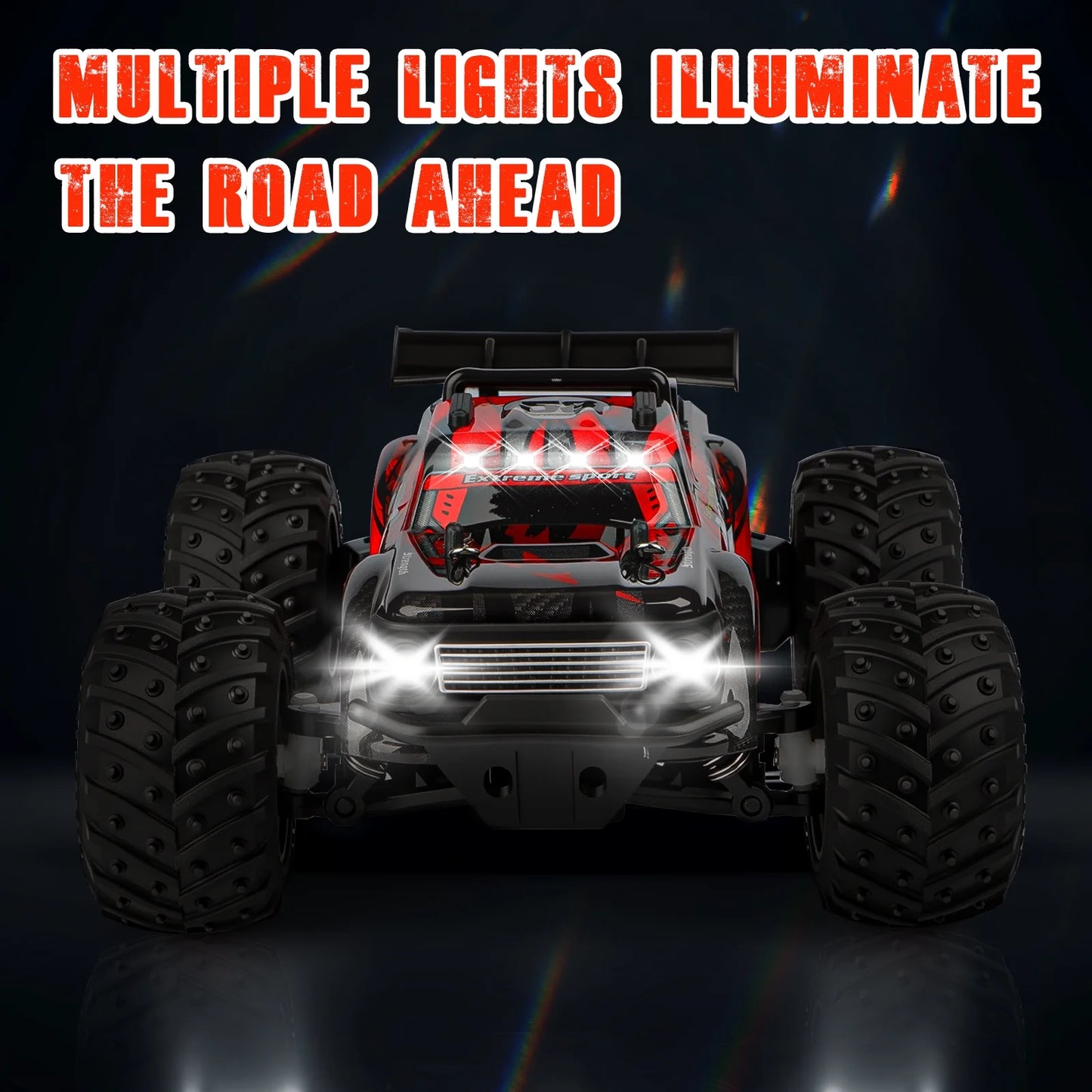 VKFVKF Remote Control Car, 2.4Ghz Glow-up RC Monster Truck with Body Lights & Headlights, 2 Rechargeable Batteries for 100 Min Play, 20 KM/H All Terrain Off-Road Toys for Boys Kids Age 4-12