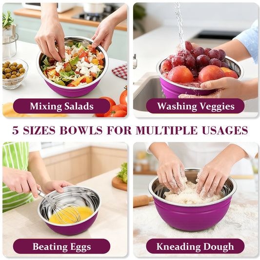 Laoyebaoho Mixing Bowls with Lids, 5 Pcs Stainless Steel Nesting Mixing Bowls for Kitchen,Great for Cooking, Purple