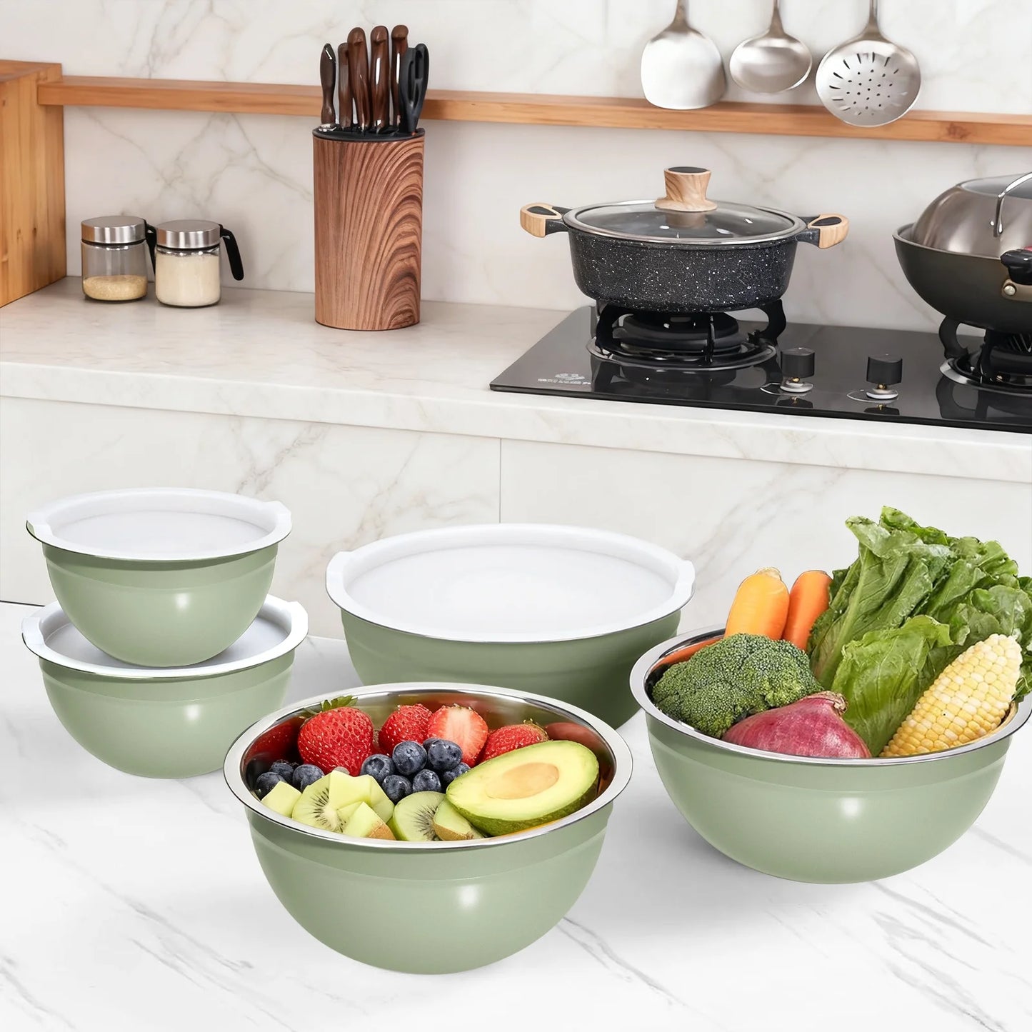 Laoyebaoho Mixing Bowls with Lids, 5 Pcs Stainless Steel Bowls for Kitchen,Great for Cooking, Baking, Serving,Green