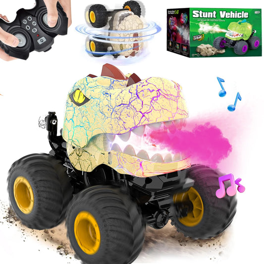Dinosaur Remote Control Cars,Monster Trucks RC Car for Kids,360° Rotating RC Stunt Car for Boys with Spray, Light & Sound