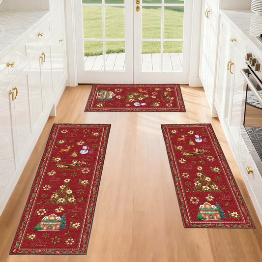 Laoyebaoho Christmas Kitchen Rugs Sets of 3, Kitchen Mats ,Bohemian Machine Washable Rugs Mats