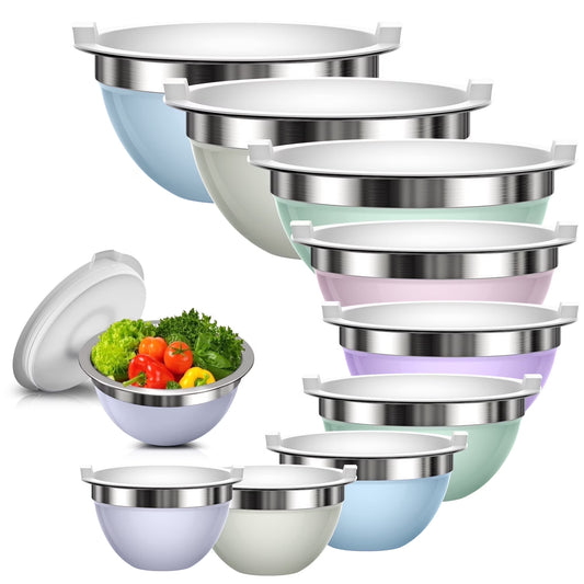 Laoyebaoho Stainless Steel Mixing Bowls with Lids, 9 Pcs Metal Nesting Mixing Bowls for Kitchen,Great for Cooking, Baking, Serving