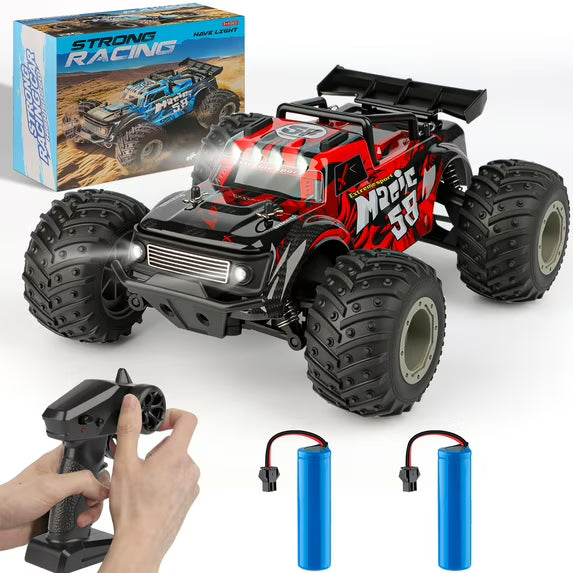 VKFVKF Remote Control Car, 2.4Ghz Glow-up RC Monster Truck with Body Lights & Headlights, 2 Rechargeable Batteries for 100 Min Play, 20 KM/H All Terrain Off-Road Toys for Boys Kids Age 4-12