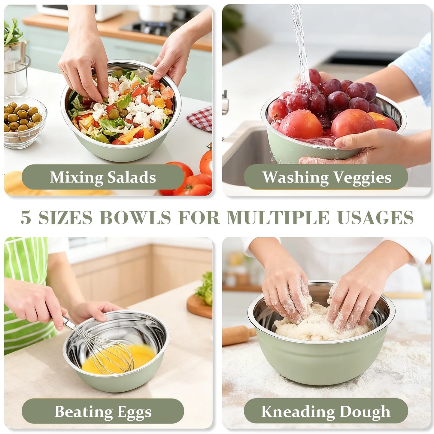 Laoyebaoho Mixing Bowls with Lids, 5 Pcs Stainless Steel Bowls for Kitchen,Great for Cooking, Baking, Serving,Green