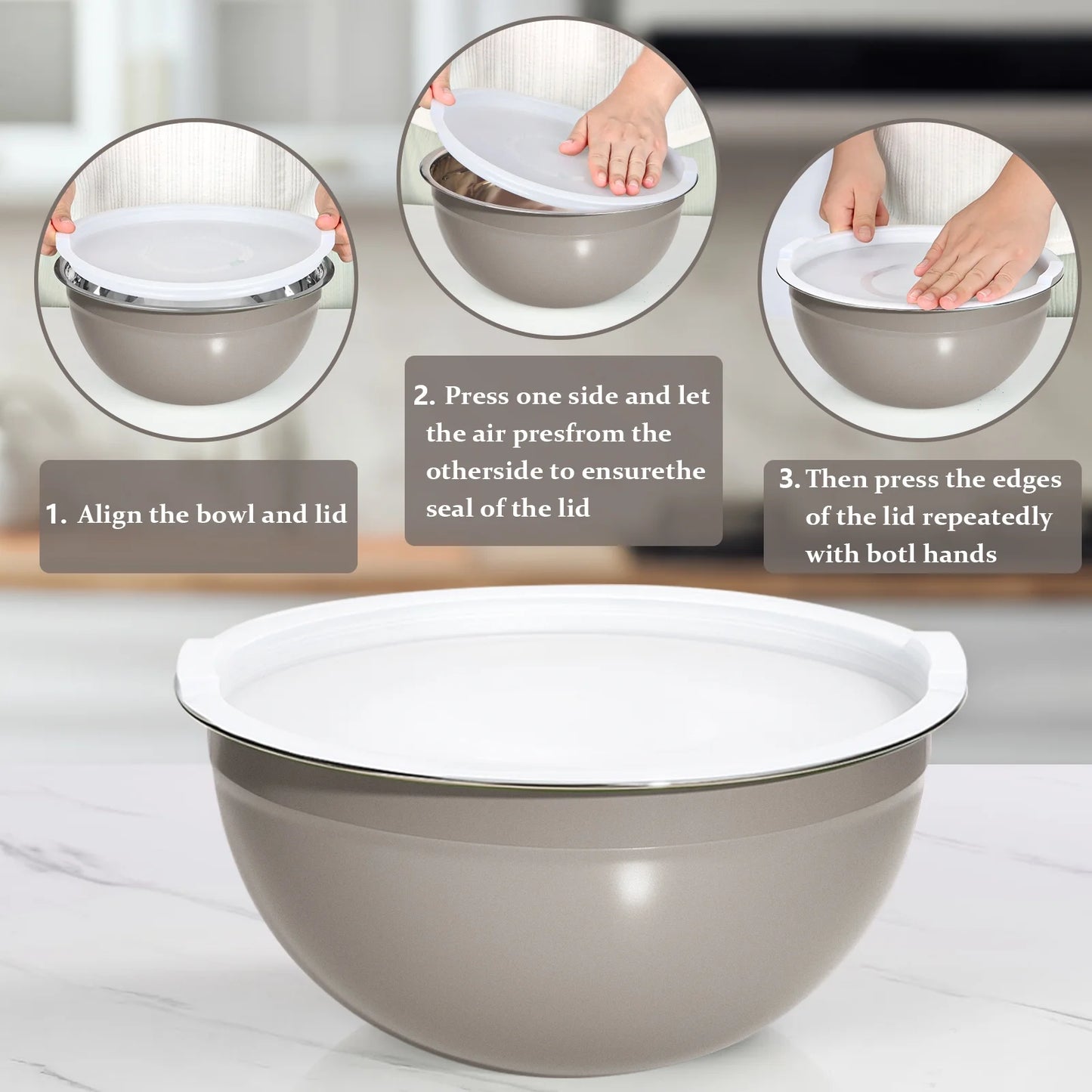 Laoyebaoho Mixing Bowls with Lids Set of 5,Stainless Steel Mixing Bowls Setfor Kitchen,Brown