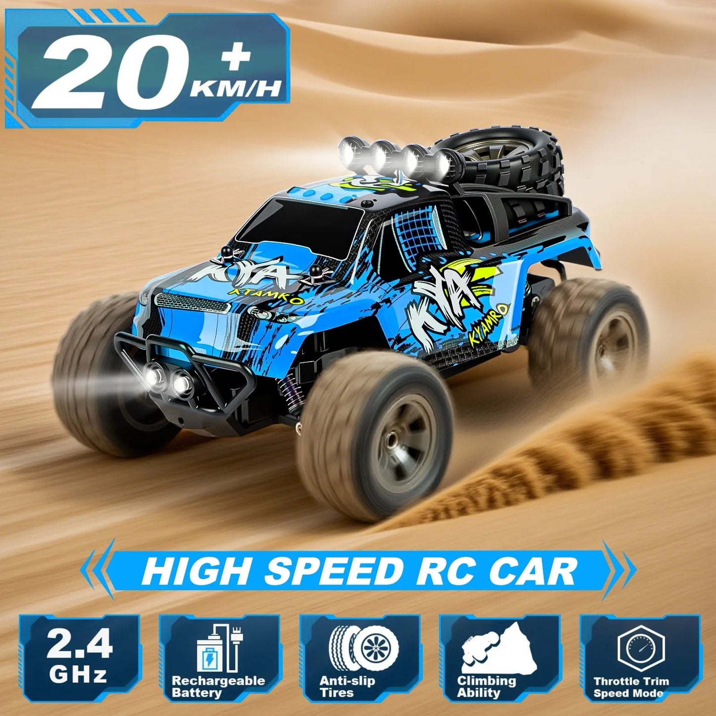 VKFVKF Remote Control Car, RC Car for Kids, RC Monster Truck with Lights & Headlights,All Terrain Off Road Vehicle, Gift for Boys/Girls Age 4+
