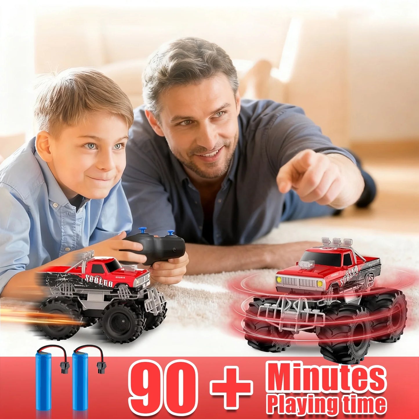 VKFVKF 1:16 Remote Control Car, RC Monster Truck Toys, RC Car for Kids, Kids RC Vehicle for Boys & Two Battery