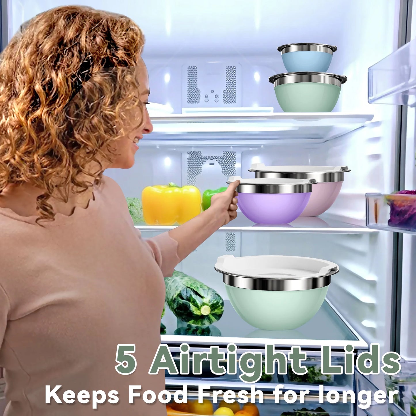 Laoyebaoho Stainless Steel Mixing Bowls Set of 5, Mixing Bowls with Lids,Morandi Color Bowls for Kitchen,Great for Cooking, Baking, Serving