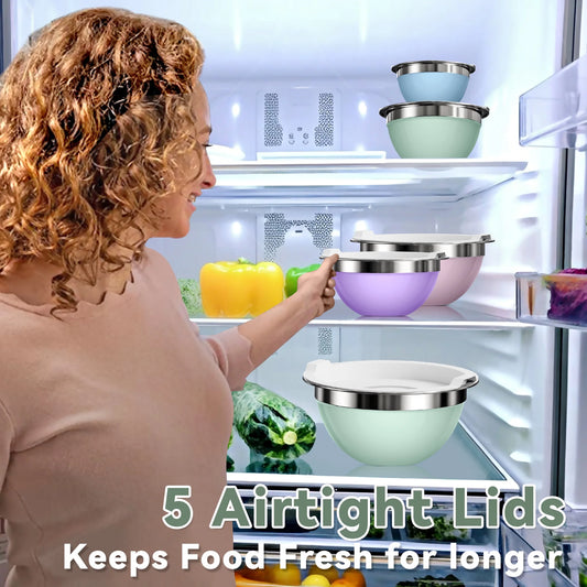 Laoyebaoho Stainless Steel Mixing Bowls Set of 5, Mixing Bowls with Lids,Morandi Color Bowls for Kitchen,Great for Cooking, Baking, Serving